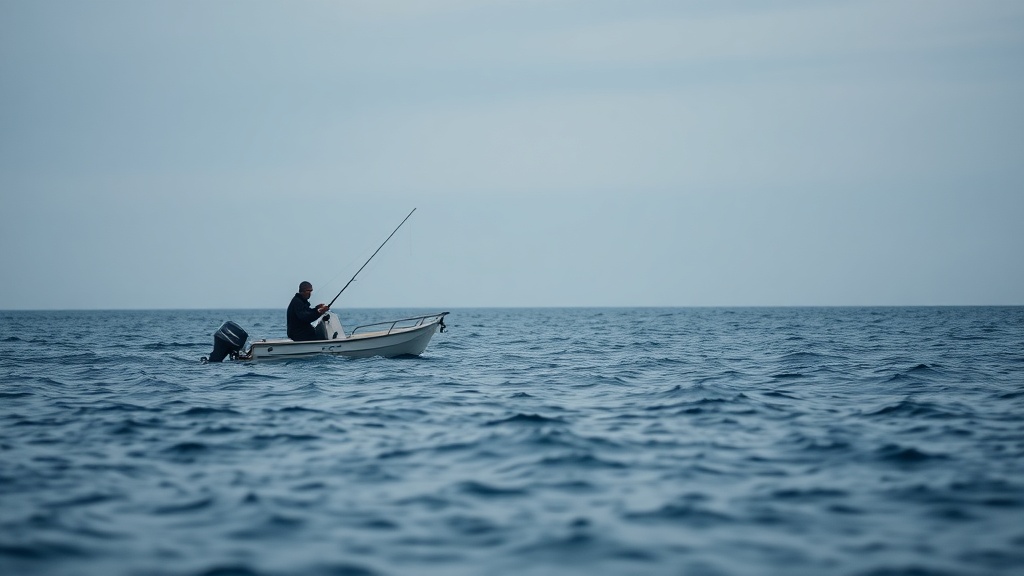 푸른 바다 위에서 낚시꾼이 수심을 측정하며 채비를 던질 준비를 하는 평화로운 전경