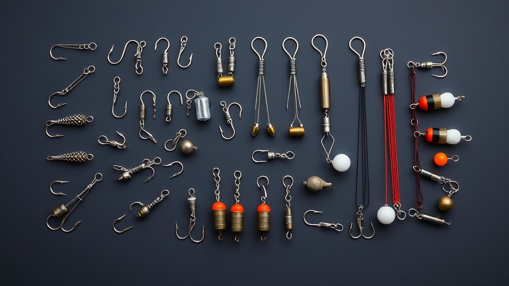 낚시 바늘, 봉돌, 찌고무 등 민물 낚시 채비 조립을 위한 다양한 부품들