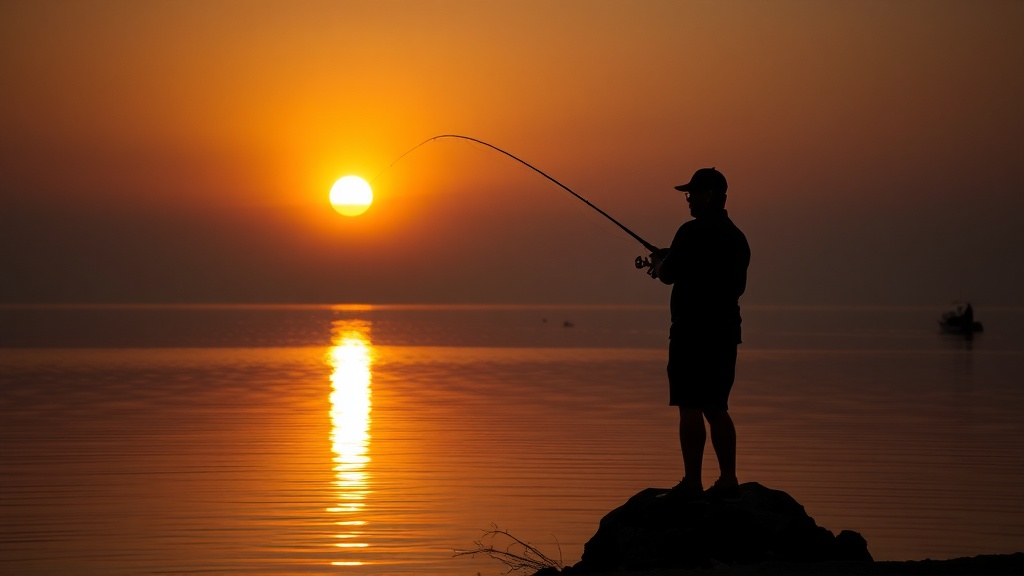 해질녘 호수에서 낚싯대를 드리우고 입질을 기다리는 낚시꾼의 실루엣과 평온한 수면